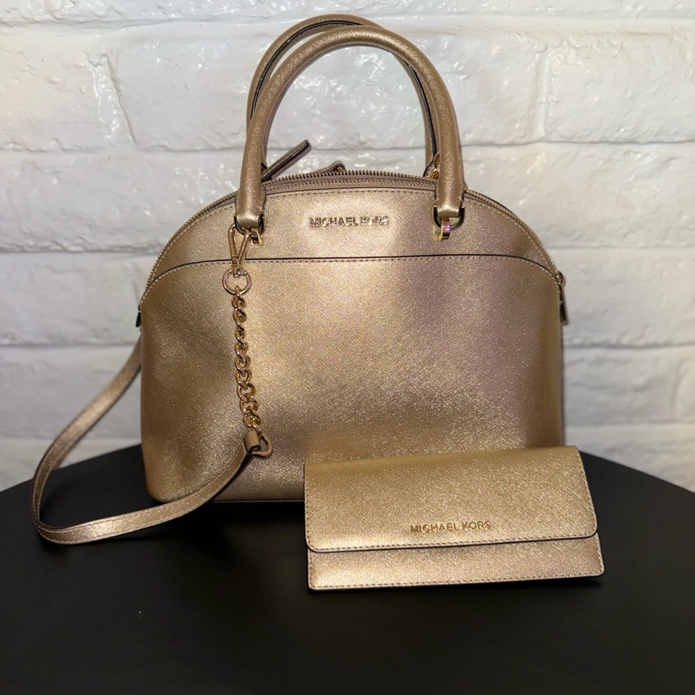 Michael Kors Rose Gold Dome Satchel with Matching Wallet